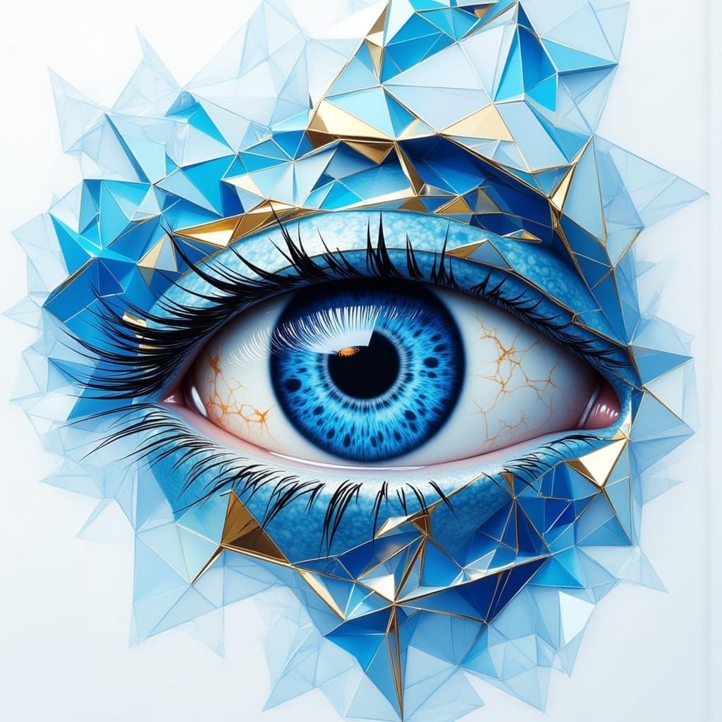 Geometric Evil Eye Symbol in Blue, White, and Gold