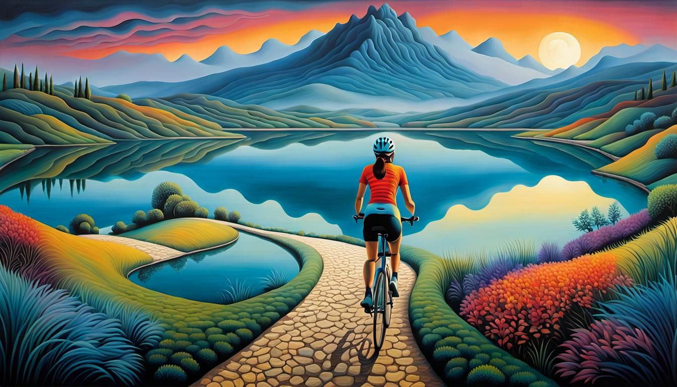 Cyclist at Twilight: Surreal Impasto Oil Painting