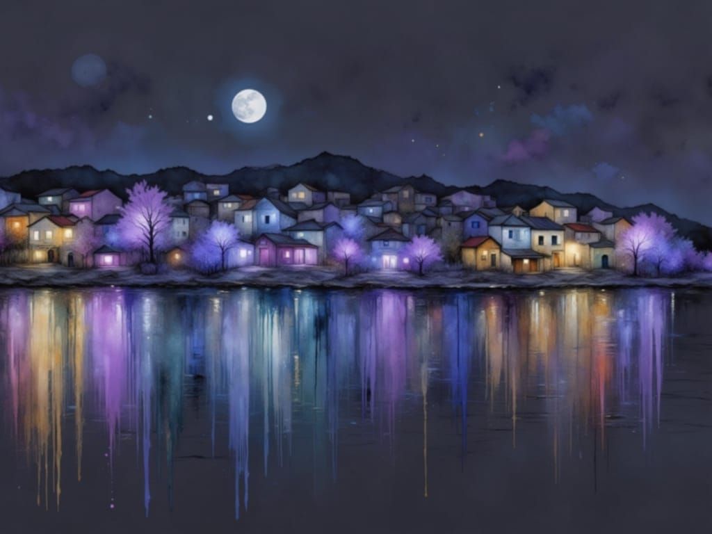 Seaside Village Under Full Moon Reflections