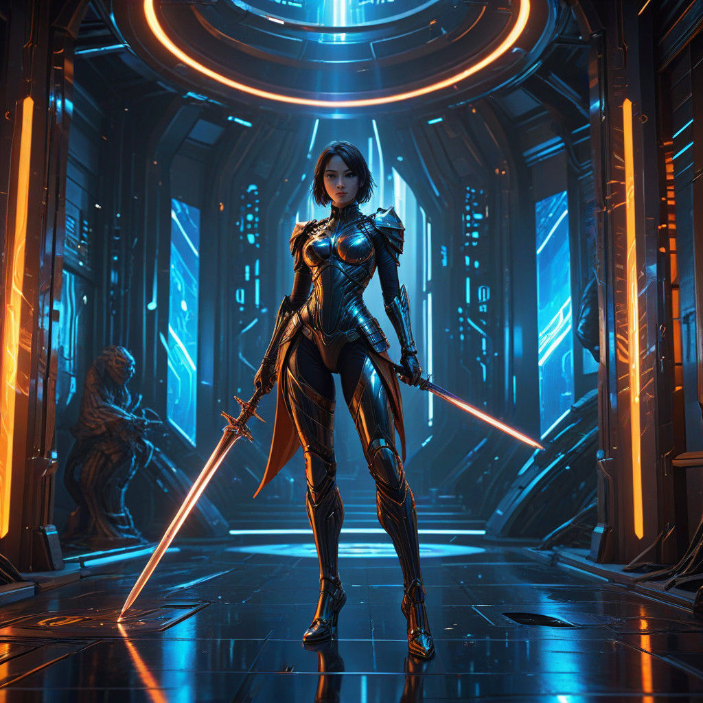 Anime Goddess of Justice in Futuristic Courtroom