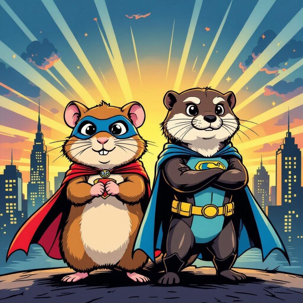Hamster and Otter Superhero Duo in Comic Book Style