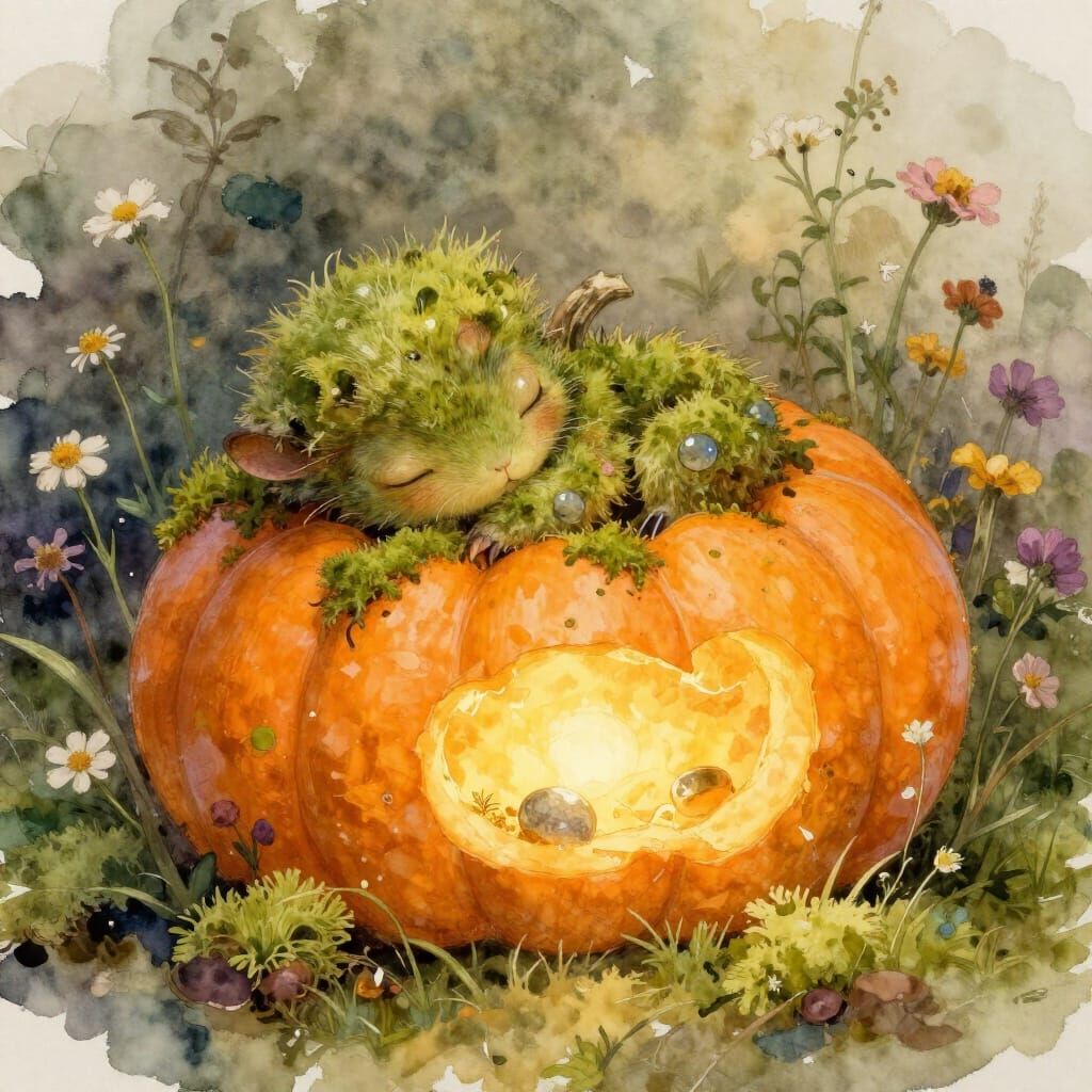 Whimsical Creature Sleeping in Glowing Pumpkin
