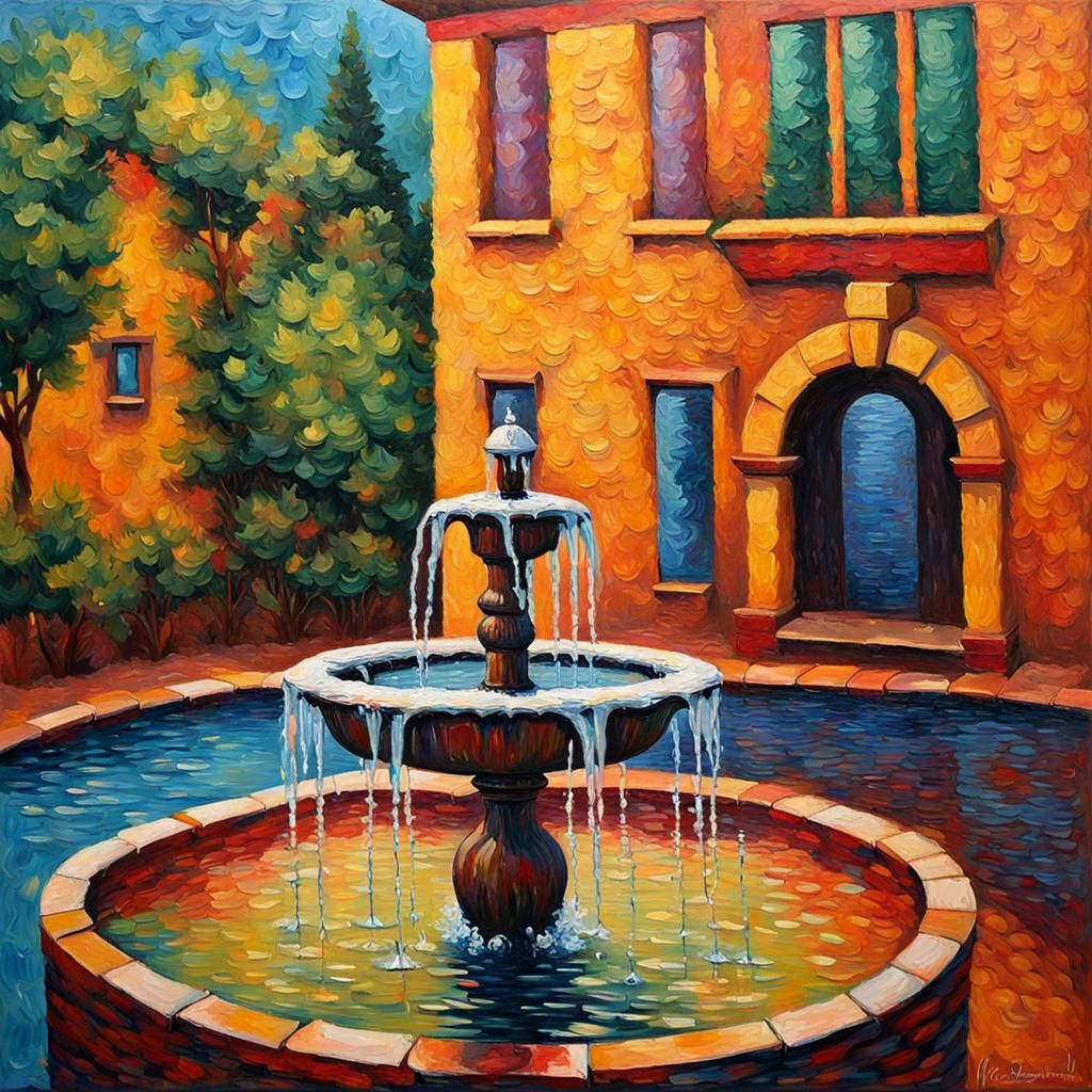 Water Fountains in Expressionist Oil Painting