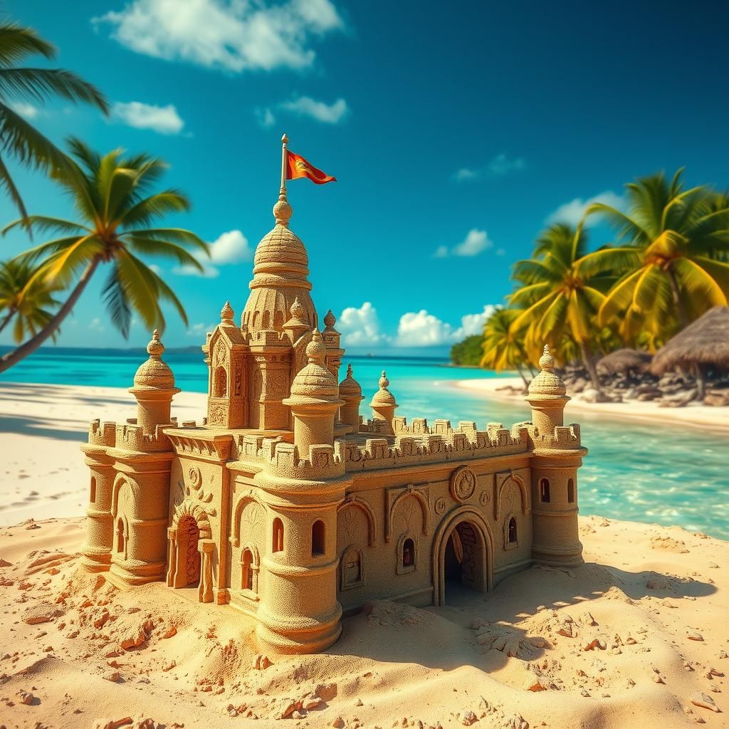 Ornate Sandcastle on Tropical Beach, Photorealistic