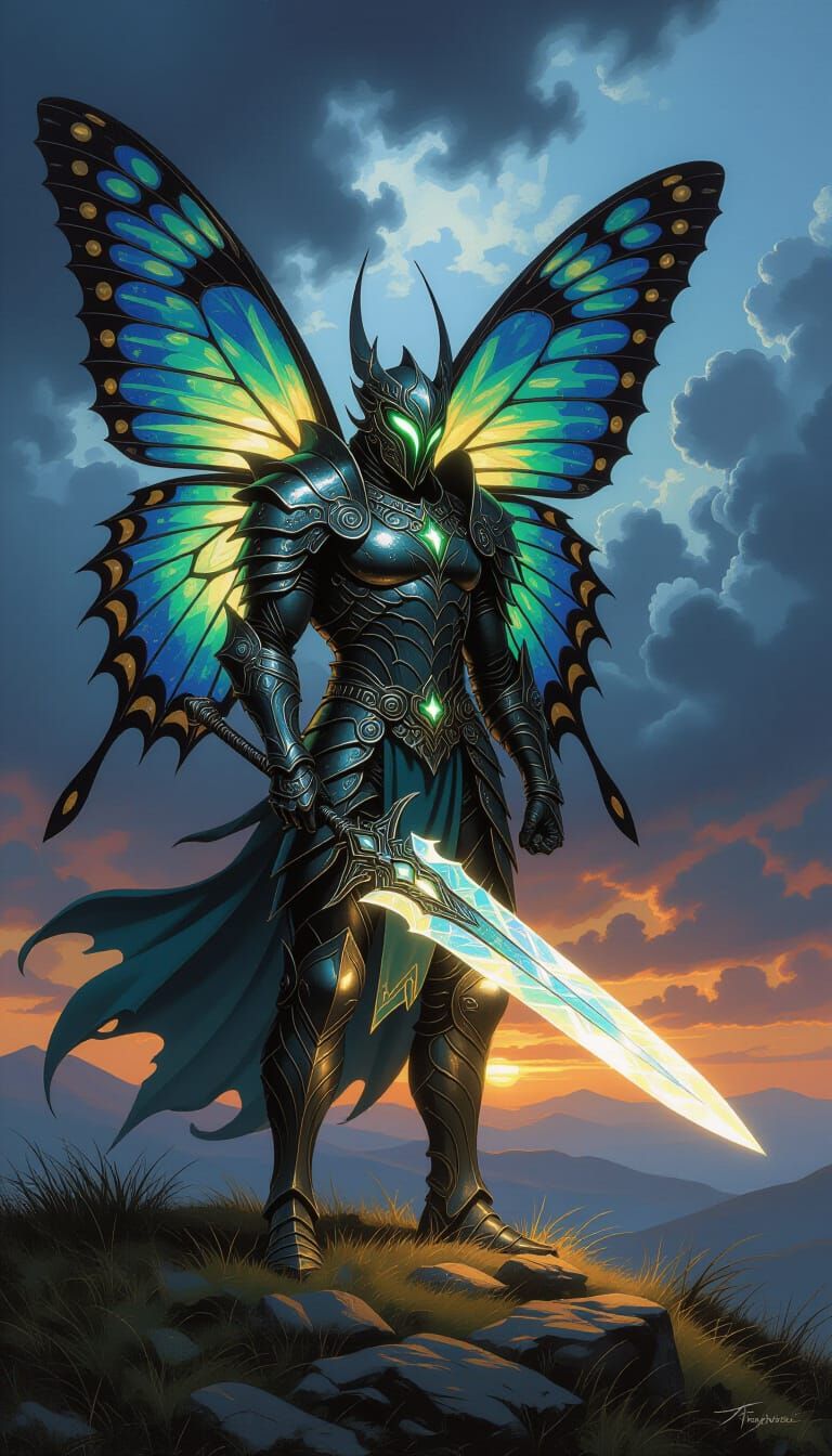 Butterfly Warrior With Crystalline Blade on Stormy Hill