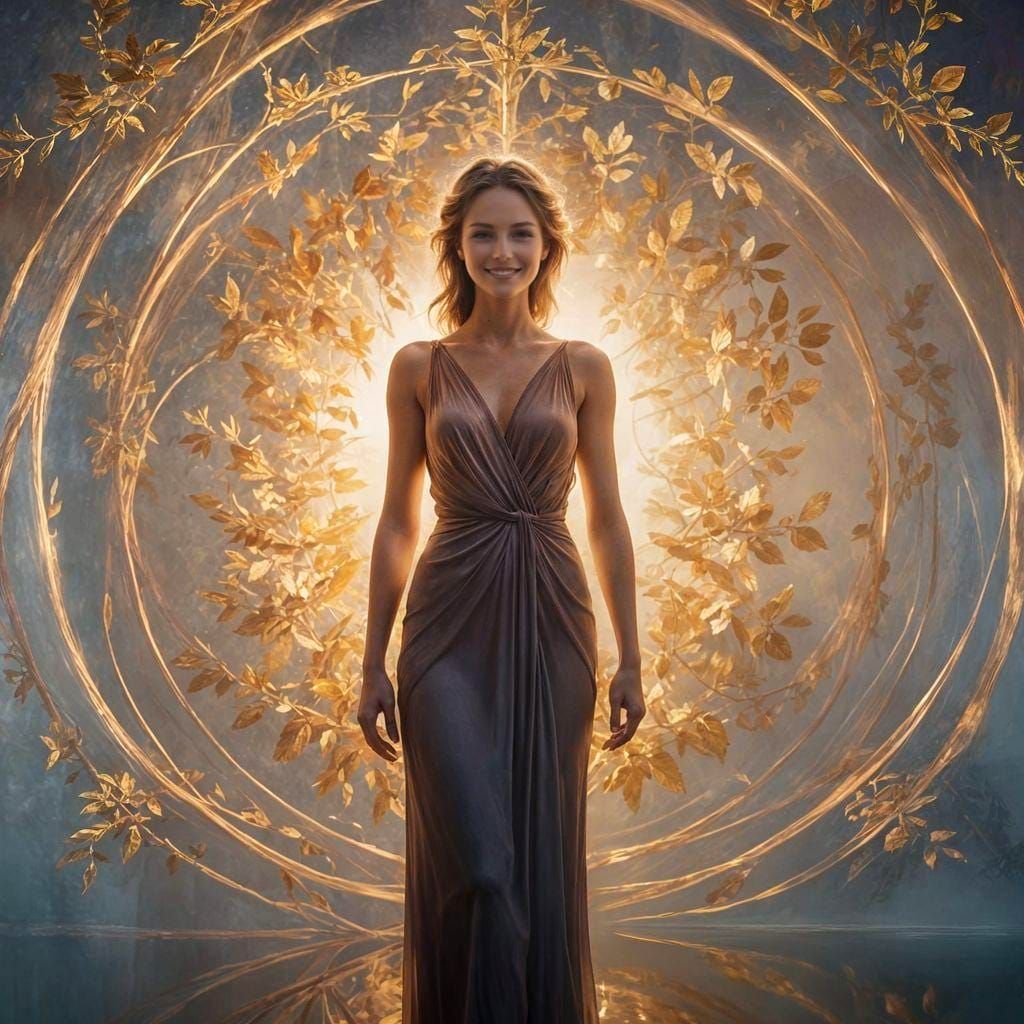 Golden Woman in Sfumato Double Exposure Style