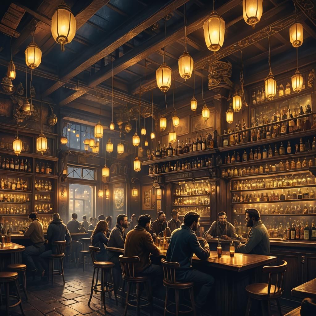 Dimly Lit Bar Scene in Fantasy Concept Art Style