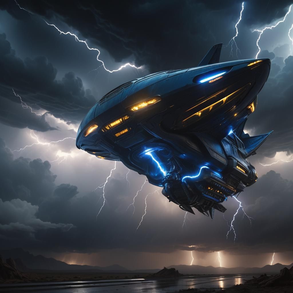 Alien Spaceship Soaring Through Lightning Storm