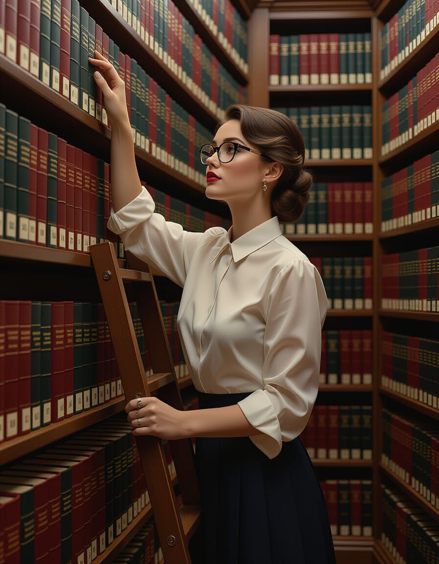 Elegant Librarian Reaching for Book in Photorealistic Style