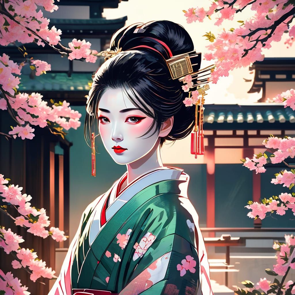 Traditional Japanese Geisha in Soft Focus, Ukiyo-e Style