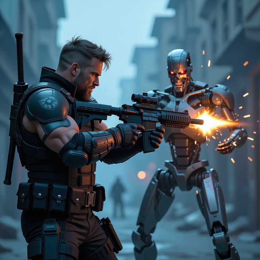 Cable Fights Terminator in Comic Book Style