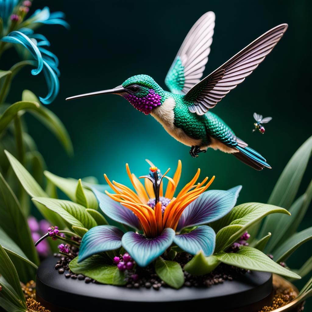 Arcane Hummingbird Figurine in Flight: Detailed Fantasy Art