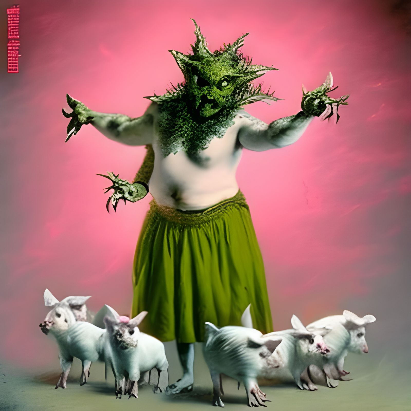 Pudgy Green Man Belly Dancing with the Piggies
