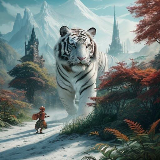 Majestic White Tiger in Vibrant Fantasy Landscape