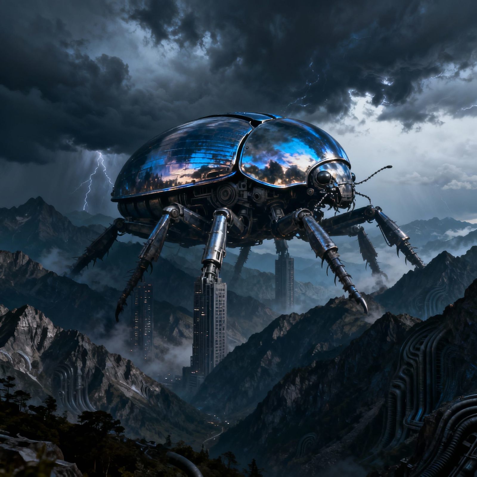 Giant Mechanical Beetle in Stormy Mountains
