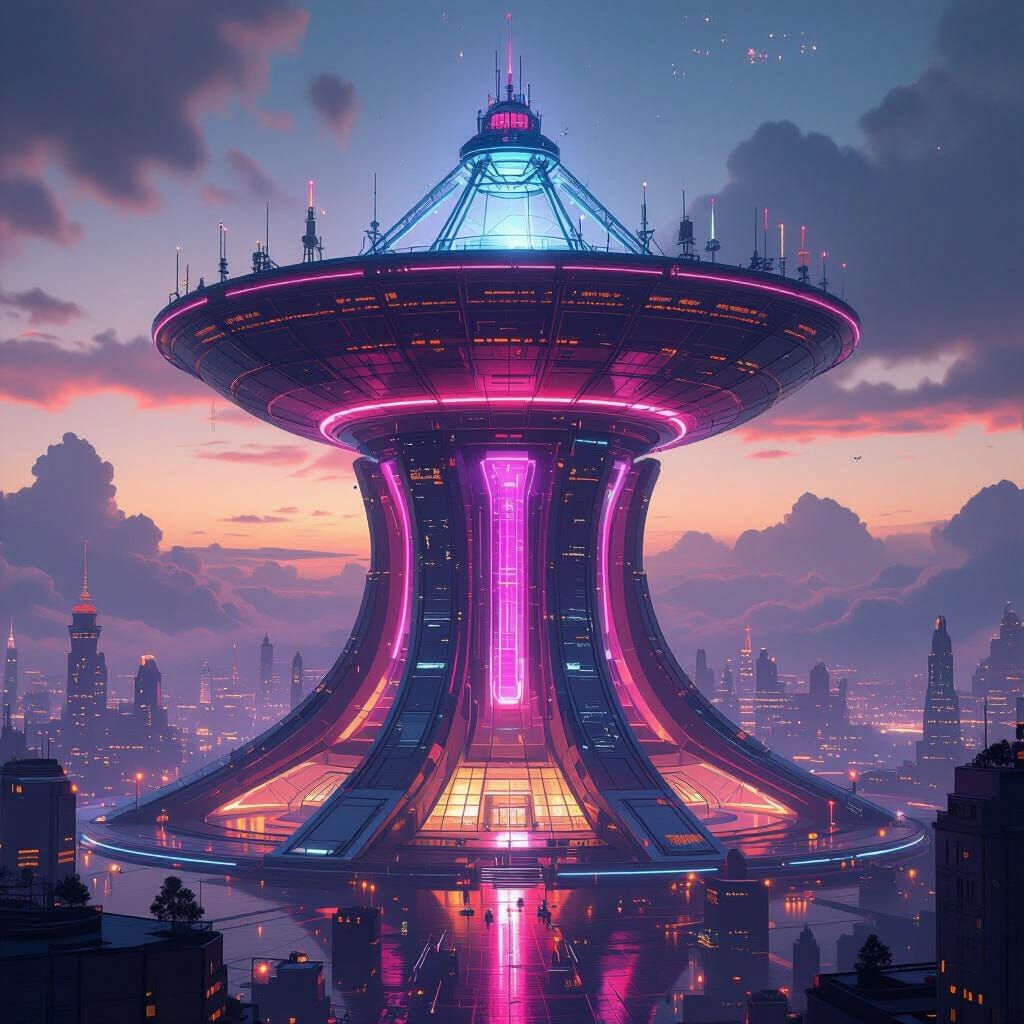 Neon Sci-Fi Communications Complex With Massive Dish