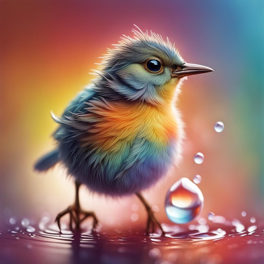 Colorful Baby Bird in Dew Drop: Hyperrealistic Digital Art