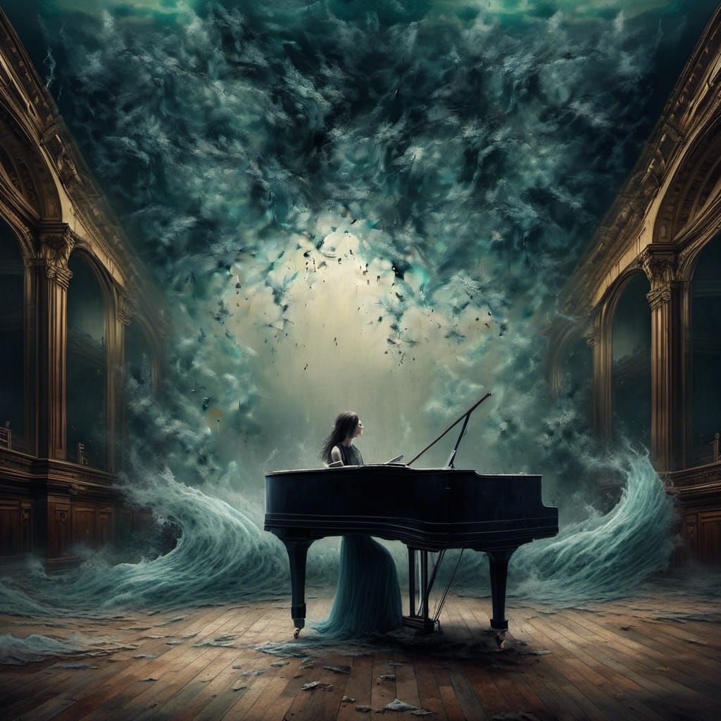 Surreal Piano Performance Drowning in Ocean Waves