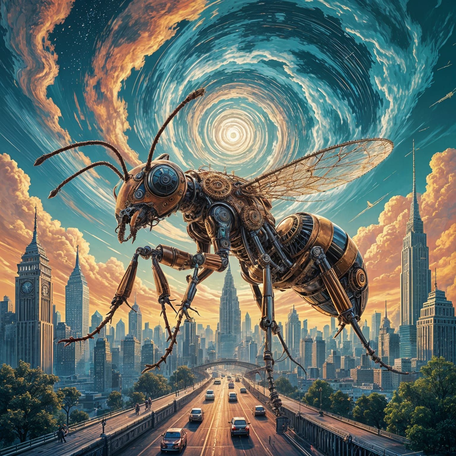 Clockwork Ant Sculpture in Retro-Futuristic Cityscape