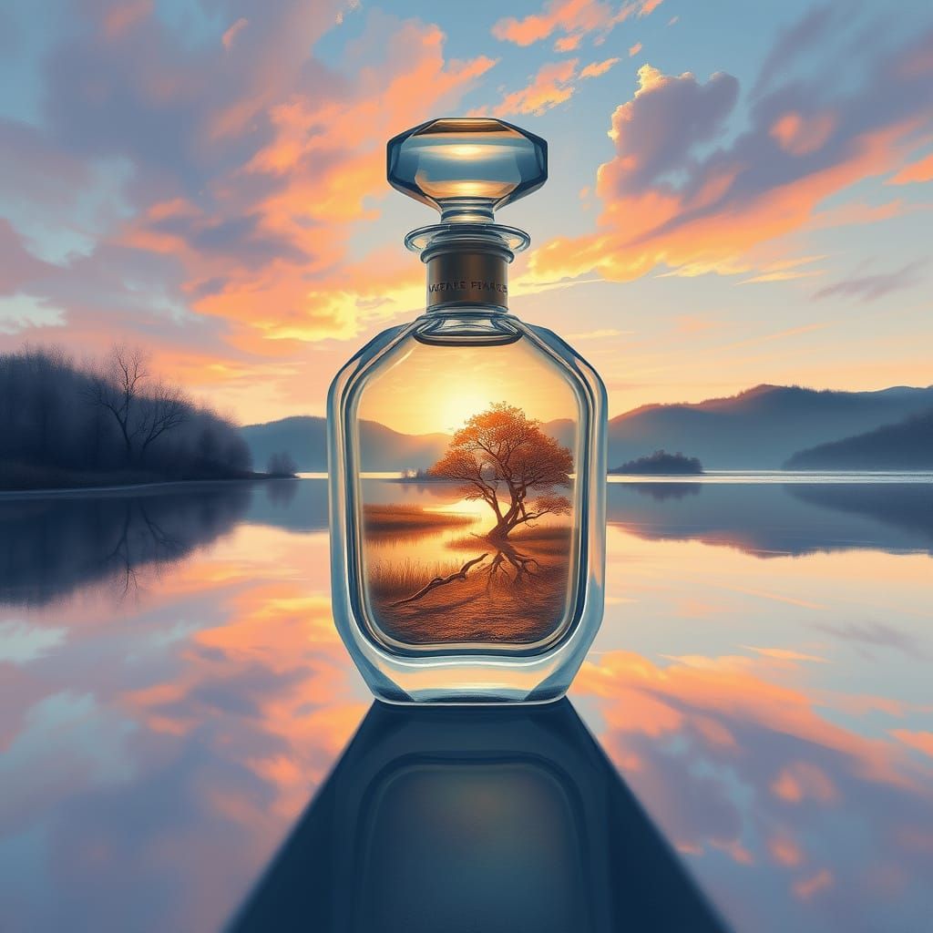 Whimsical Sunset Scene in a Perfume Bottle