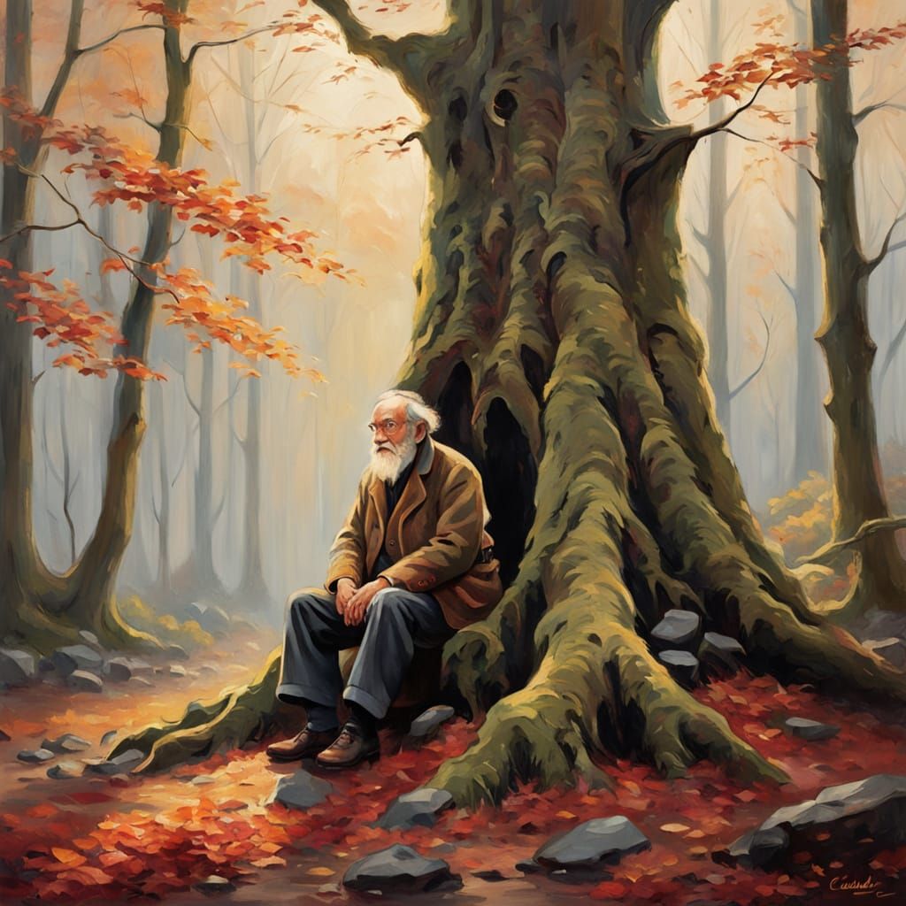 Old Man by Glowing Tree in Misty Forest Impressionism