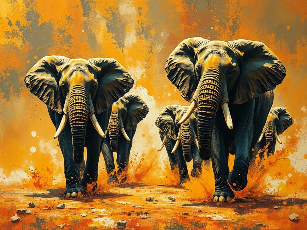 Surreal Oil Painting of African Elephants in Vibrant, Chaoti...
