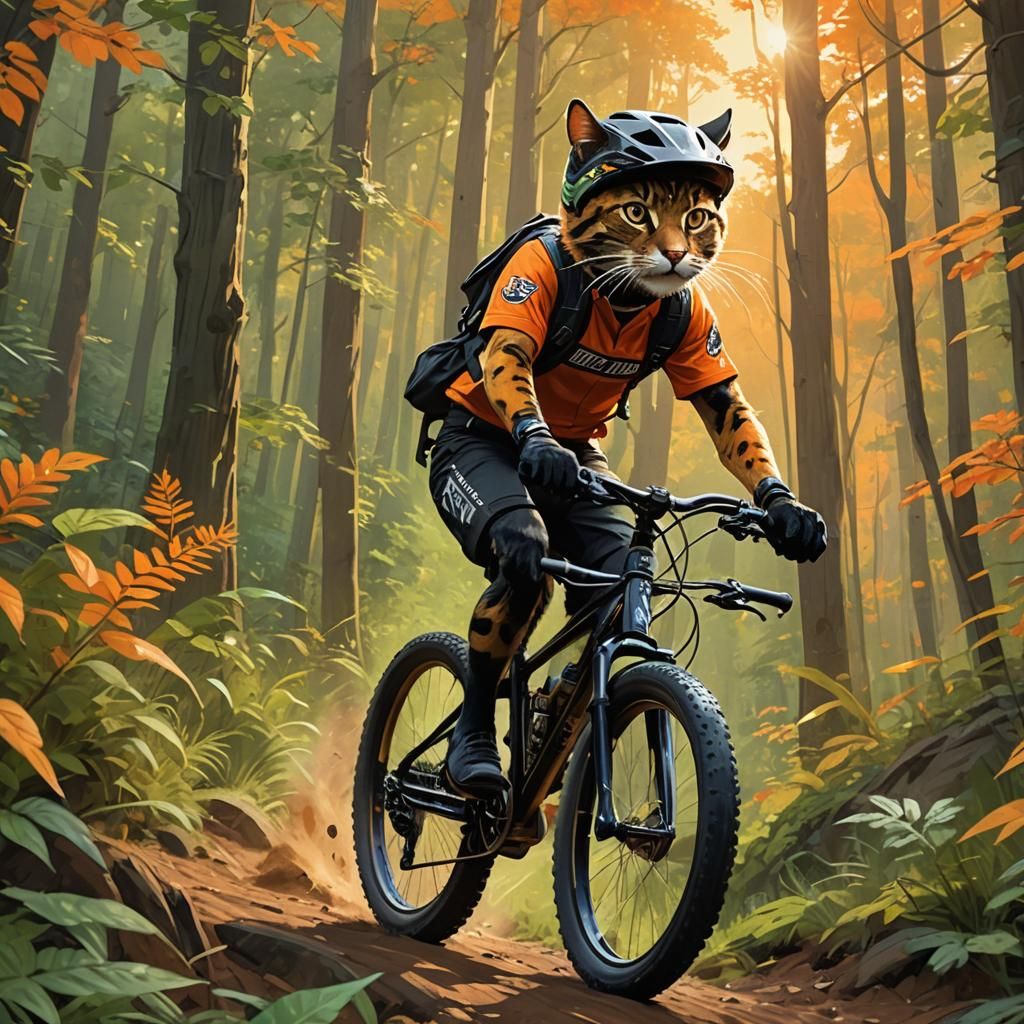 Cat on Mountain Bike in Forest, Digital Matte Painting
