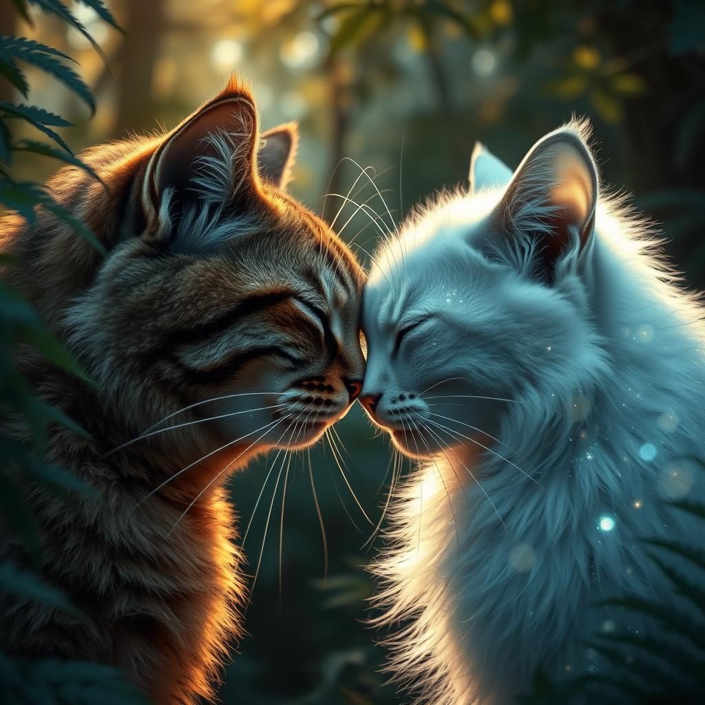 Cats Tenderly Touching Noses in Forest