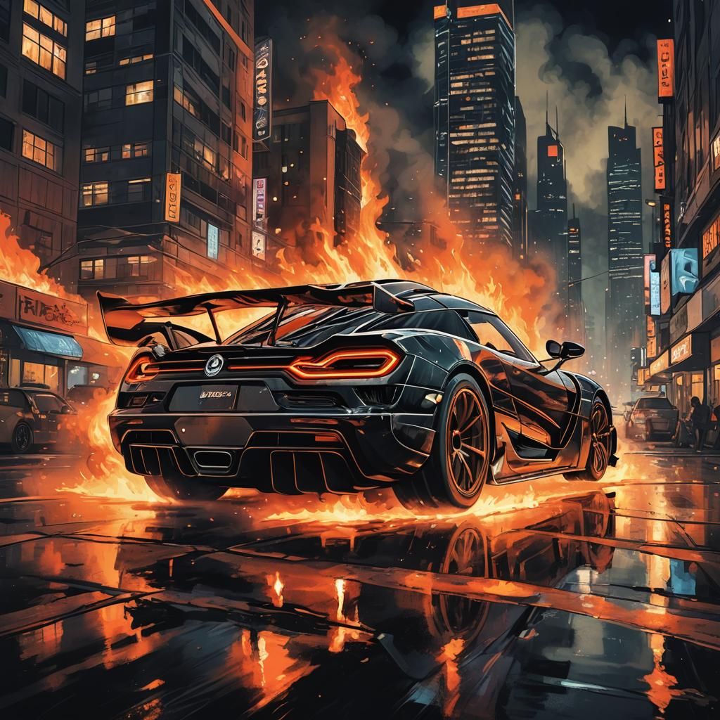 Koenigsegg Jesko Drifting at Night in Dark Comic Art