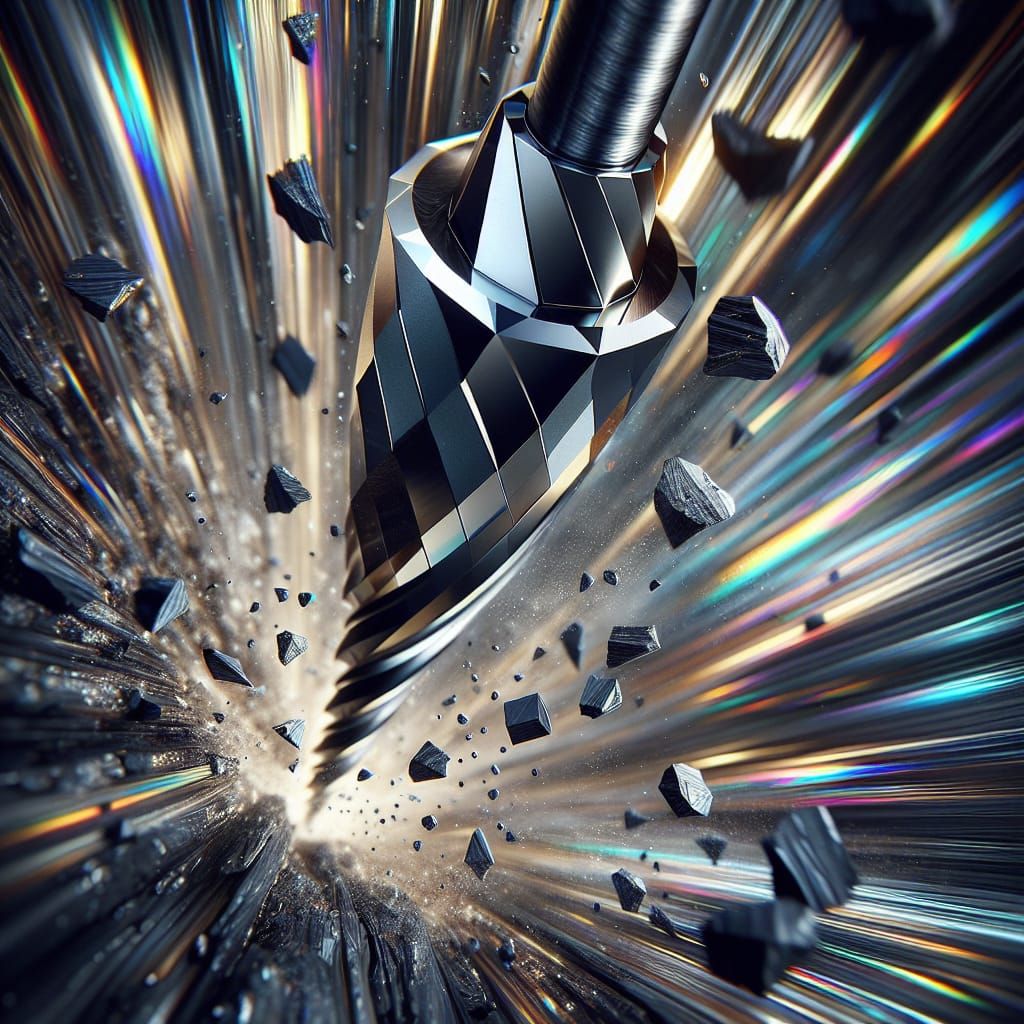 Spinning Diamond Drill Cuts Through Obsidian in Vibrant Abst...