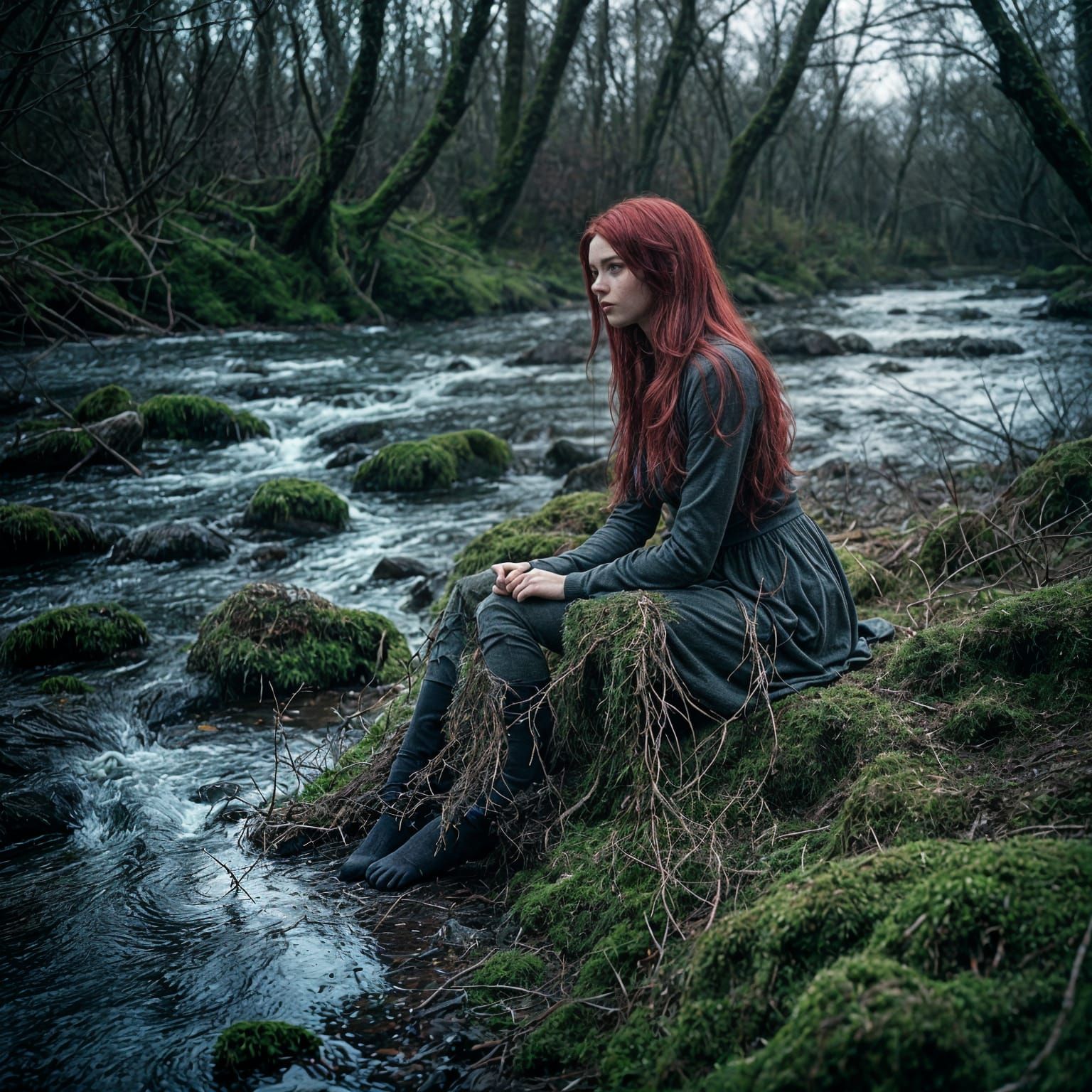 Mysterious Woman with Red and Black Hair