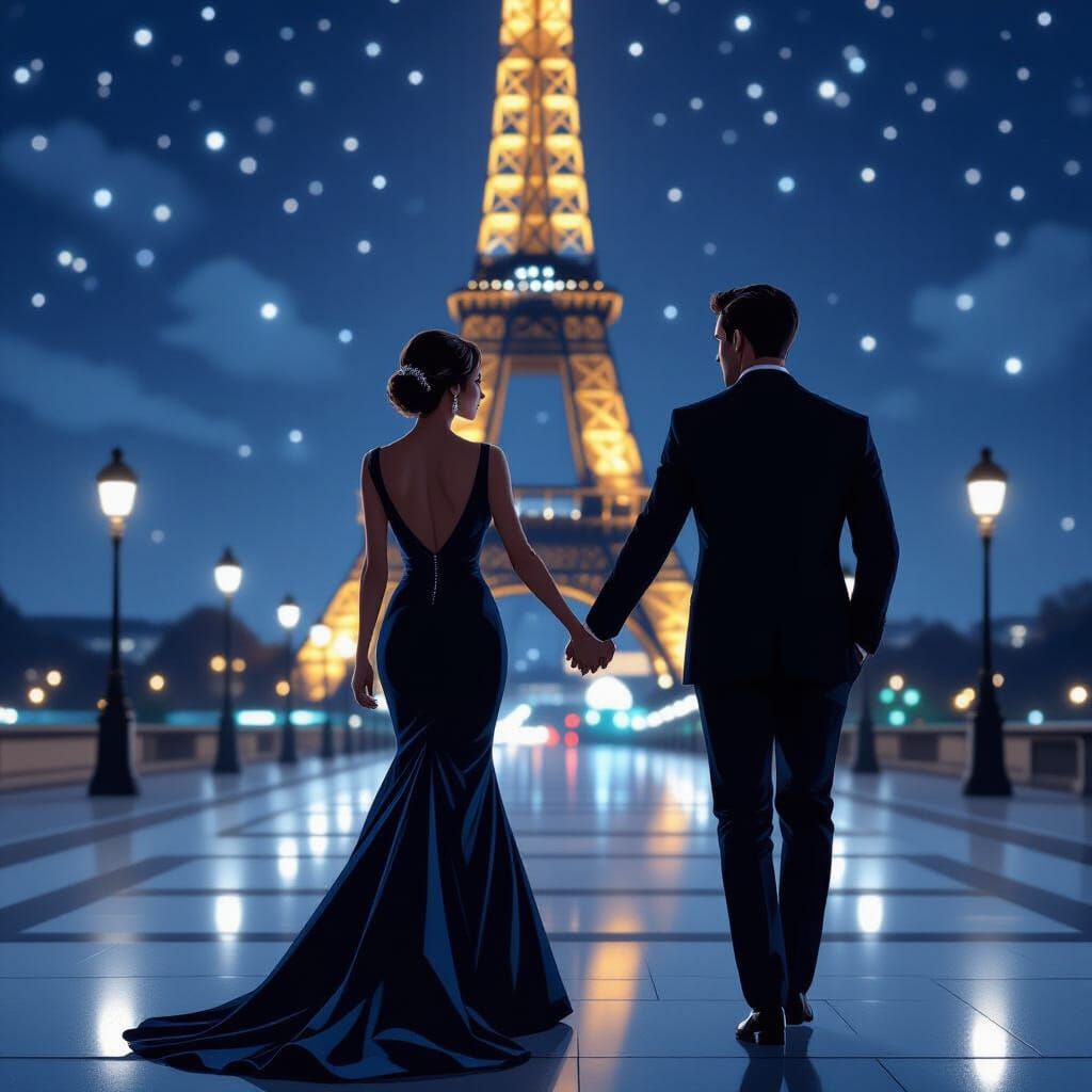 Romantic Night: Couple Walks to Eiffel Tower in Comic Style