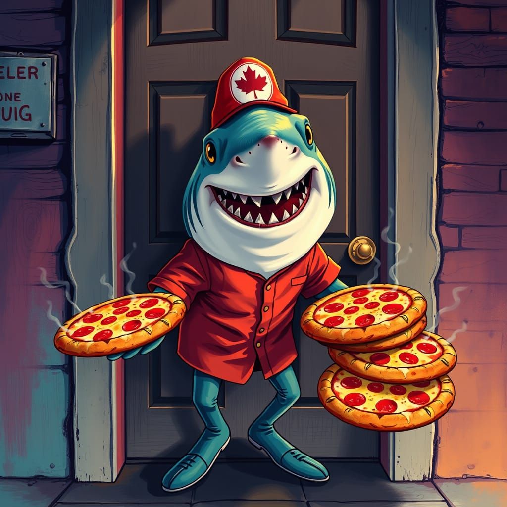 Shark Pizza Delivery in Hyperrealistic Style