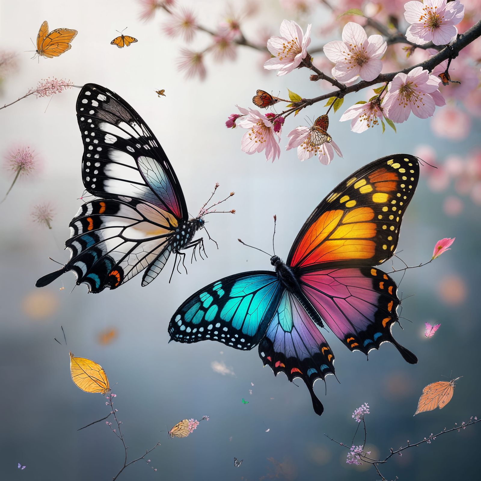 Bicolored Butterfly Takes Flight from Autumn Cherry Blossom