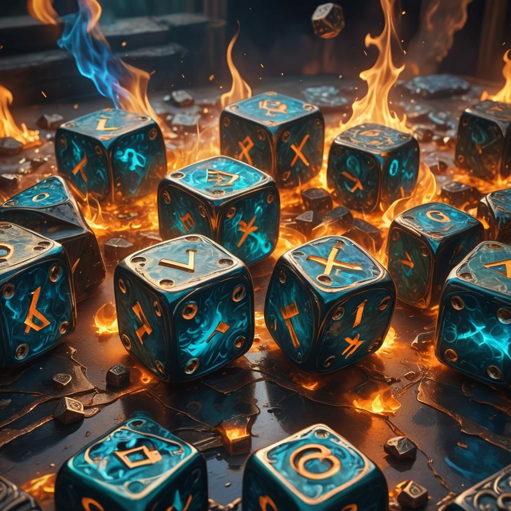 Mystical Dice Engulfed in Blue Flames: Gothic Fantasy Art