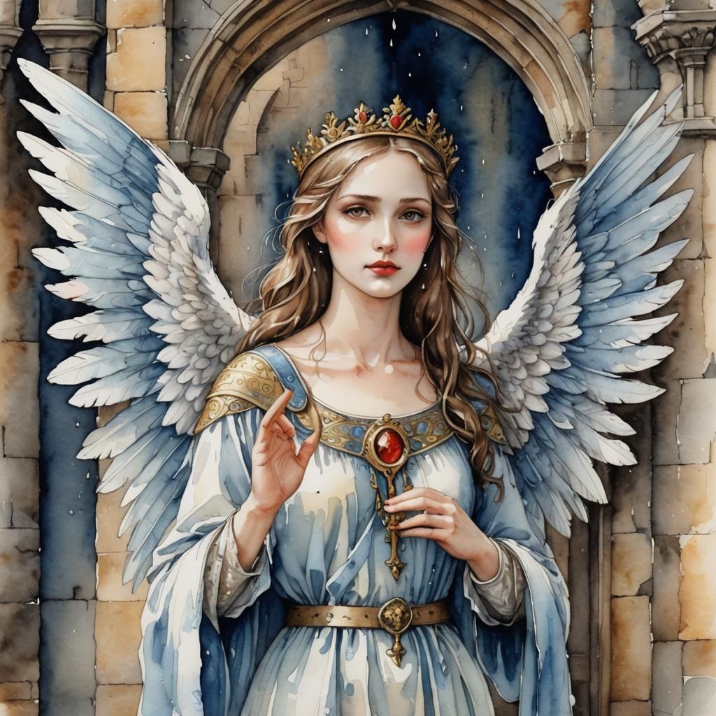 Medieval Angel in Castle Watercolor Painting