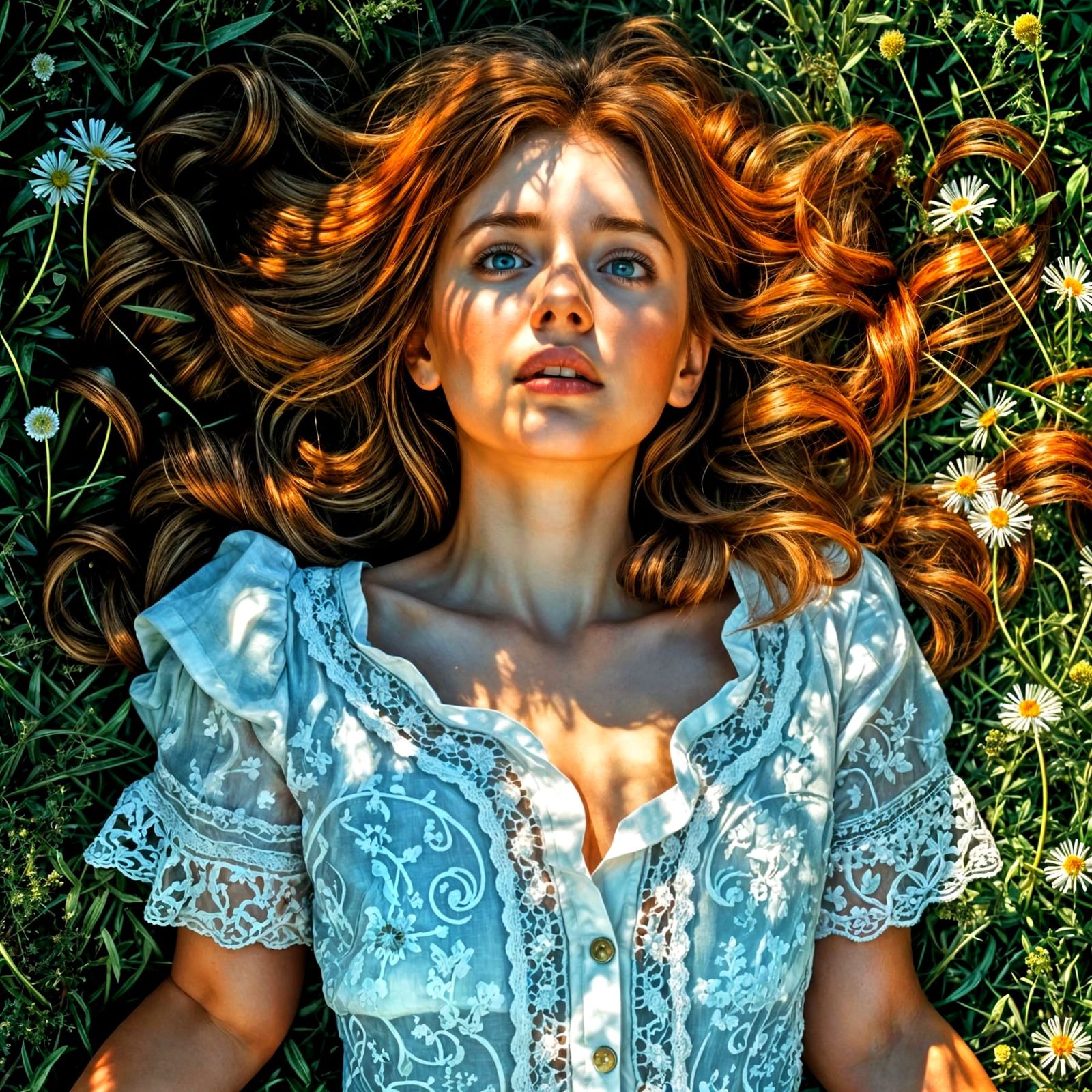 Ginger-Haired Woman in Wildflower Field
