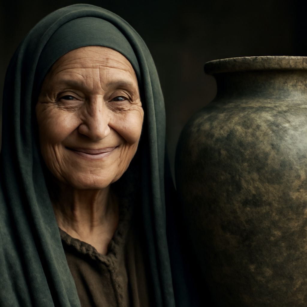 Mary Smiles Beside a Large Wine Jar
