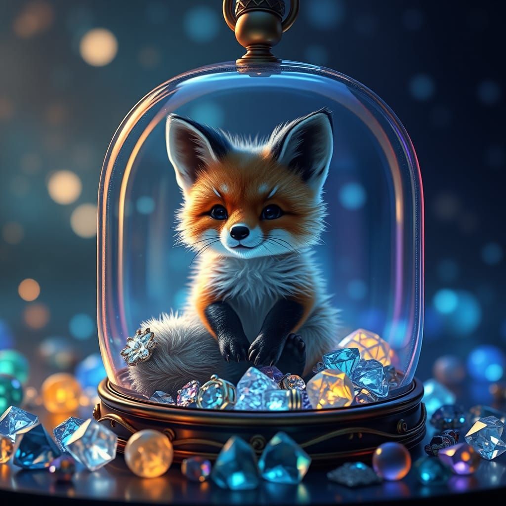 Baby Fox in Glowing Jewelry Box: Fantasy Art