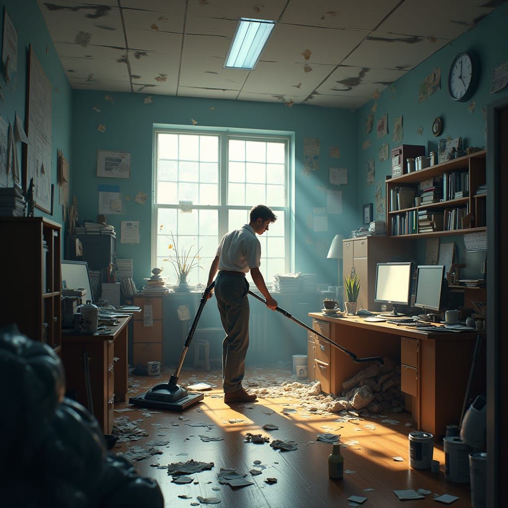 A Busy Office in Disarray, Cleaned by a Weary Employee