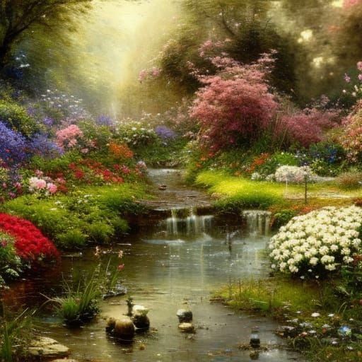Vibrant Spring Flower Garden with Stream