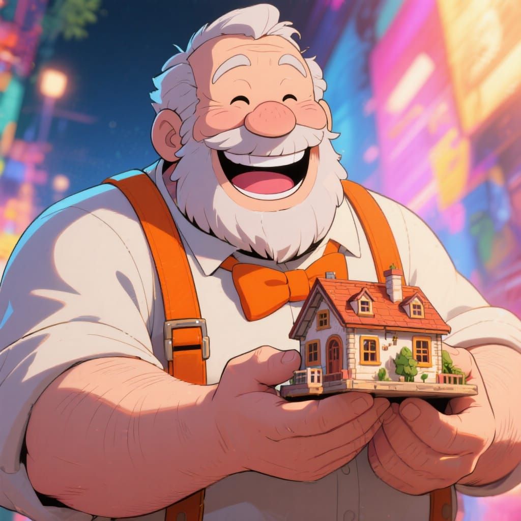 Giant Cartoon Man Holding Tiny House in Anime Style