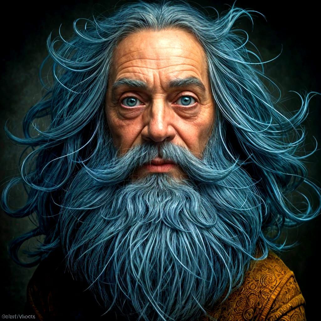 Whimsical 3D Portrait of Blue-Bearded Old Man