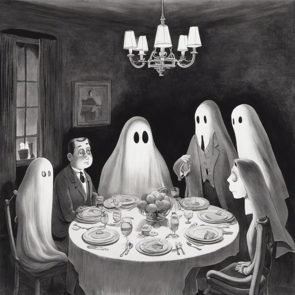 Ghosts' Dinner Party in Cartoon Illustration Style
