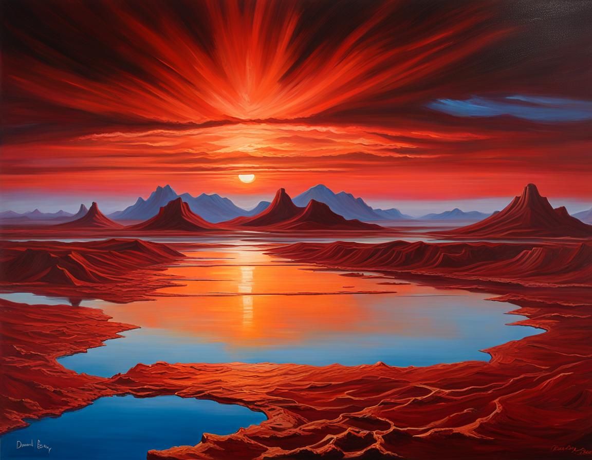 Alien Sunset with Red Mountains, Oil Painting