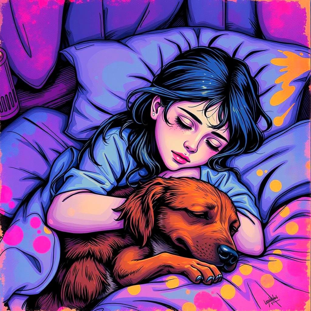 Girl Napping with Dog in Hyperrealistic Ink Art