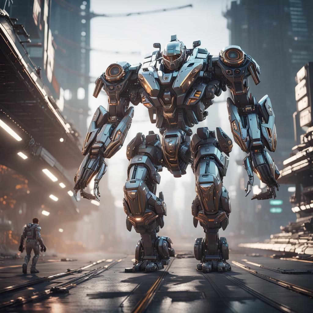 Man Driving Mech Suit in Sci-Fi Cityscape