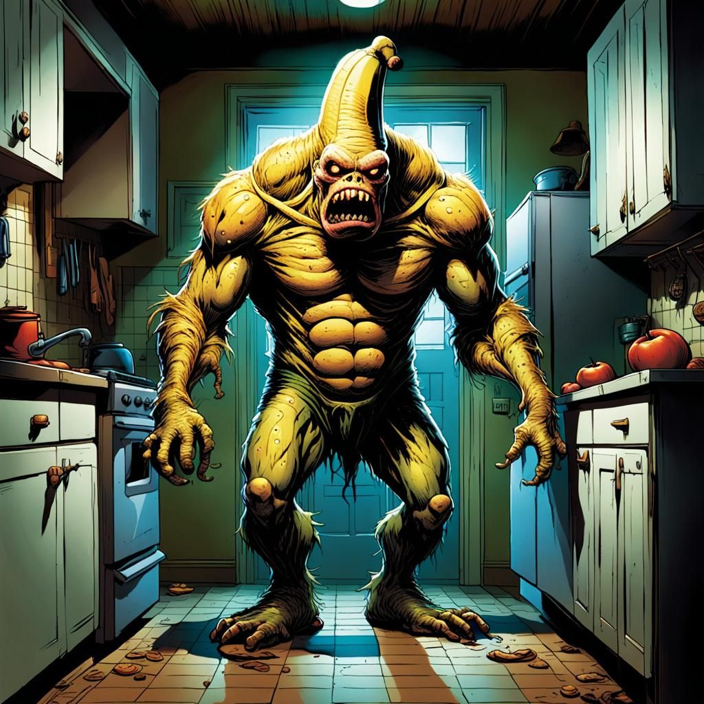 Banana Monster in Dimly Lit Kitchen: Comic Horror Art