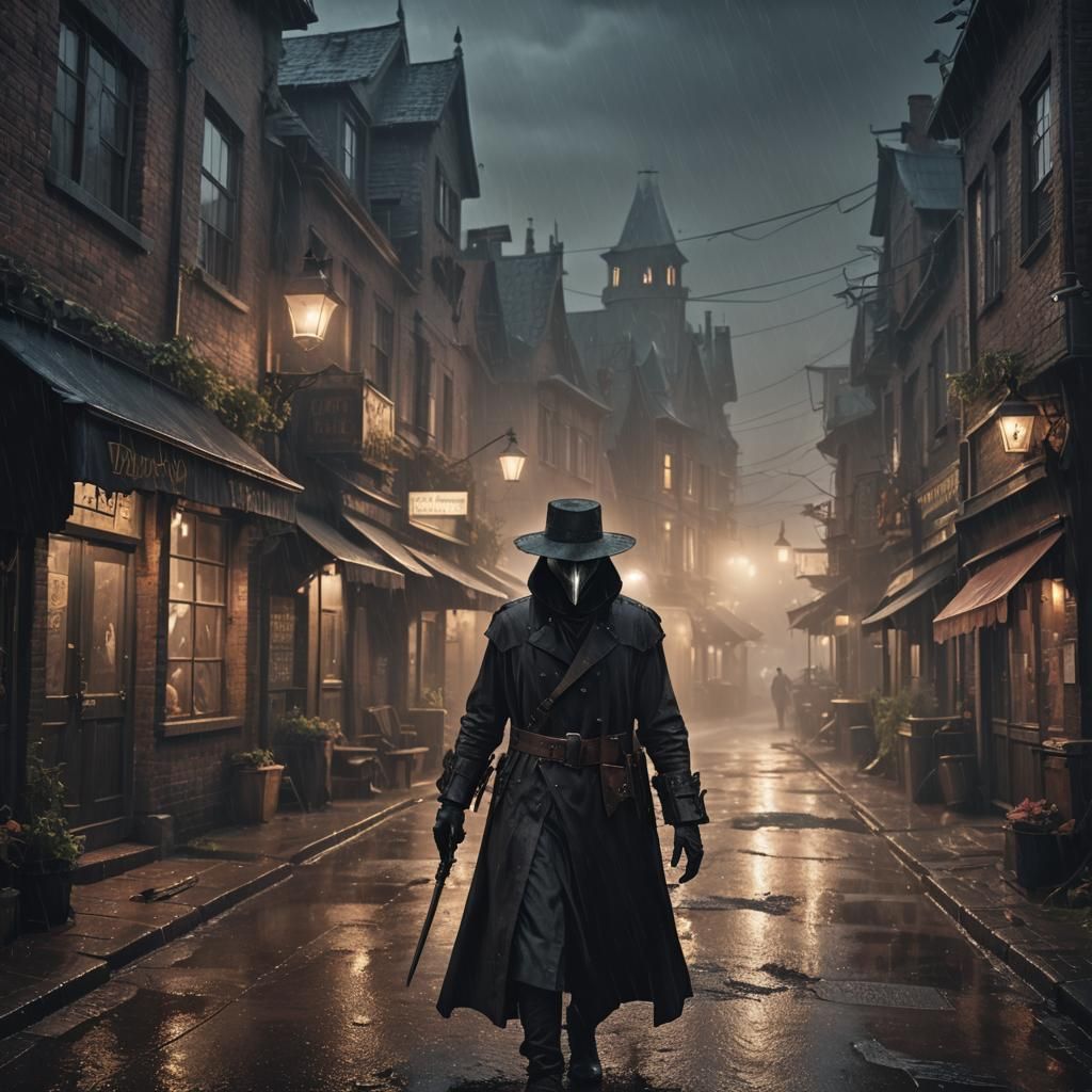 Plague Doctor in Dark Rainy Neighborhood