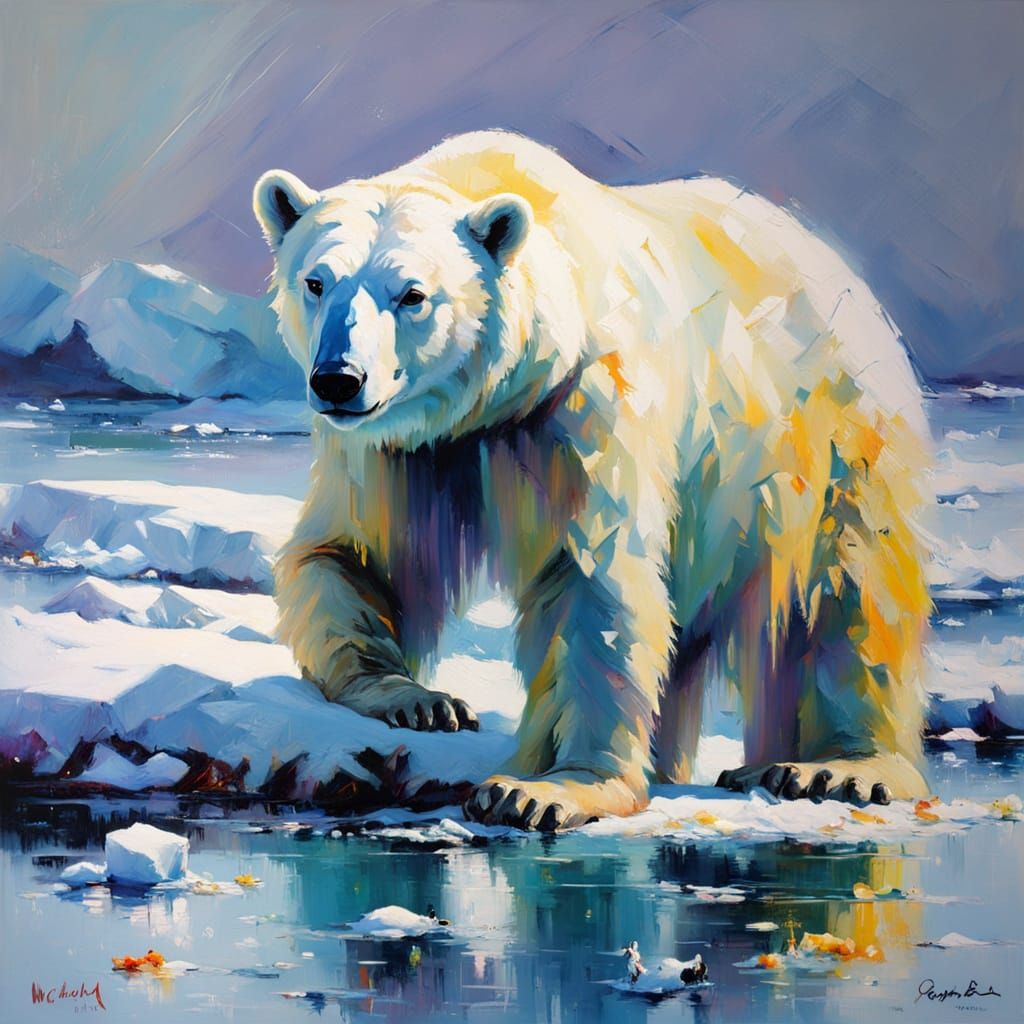 Polar Bear on Iceberg in Neon Nature Painting